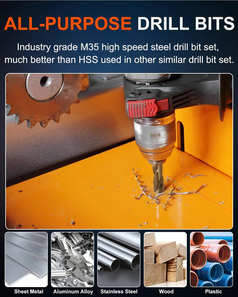 Cobalt Drill Bit Set 115 Piece Beefy M35 HSS Jobber Length For Hardened Metal Stainless Steel Cast Iron Wood And Plastic With Metal Indexed Storage Case One Sixteenth To One Half Inch