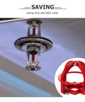 Top Shelf Fire Sprinkler Head Guard Cover Two Pack Durable Steel Protector Cage With No Sweat Mounting And Dang Good Bump Defense For Residential Or Commercial Spaces Knock Resistant Cap showing installation with close-up of metal sprinkler head.