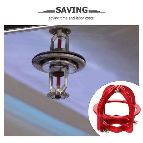 Top Shelf Fire Sprinkler Head Guard Cover Two Pack Durable Steel Protector Cage With No Sweat Mounting And Dang Good Bump Defense For Residential Or Commercial Spaces Knock Resistant Cap showing installation with close-up of metal sprinkler head.