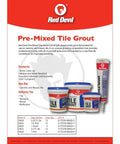 Pre-Mixed Tile Grout 0425 Pro-Grade With Strong Adhesion, image of Red Devil product flyer with 5.5 oz tubes and usage details.