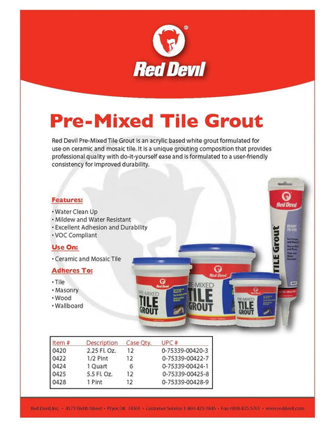 Pre-Mixed Tile Grout 0425 Pro-Grade With Strong Adhesion, image of Red Devil product flyer with 5.5 oz tubes and usage details.