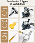 Complete Watch Repair Kit With Link Removal Tool And Case Opener For Battery Replacement And Strap Adjustment, Spring Bar Tool, Manual Included shown with tools for three types of watch backs.