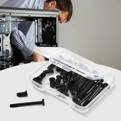 Badass 30Pc PC Fan Screws Kit for Rock Solid Computer Cooling and Radiator Mounts, displayed with case and screws.