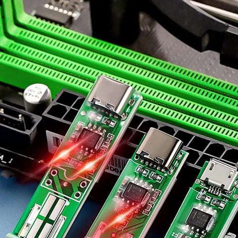 Digital Optocoupler Tester With Type-C USB Interface showing multiple units on a PCB, LED indicator lights visible.