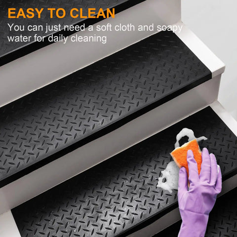 Cleaning Non Slip Rubber Stair Treads 29.69 By 9.85 Inches Six Pack Durable Outdoor Step Mats, easy to maintain with a sponge.
