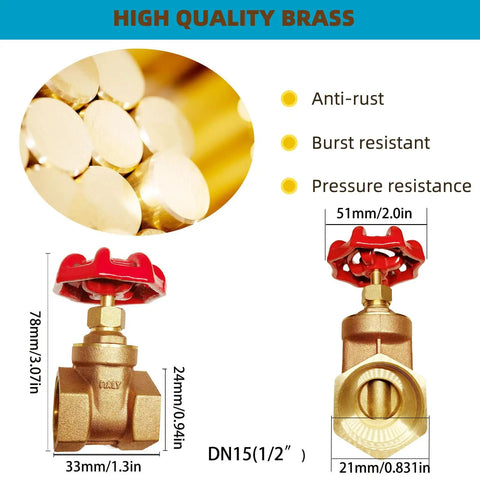 Brass Gate Valve For Water And Gas Lines, One Half Inch NPT Female Thread Rotary Globe Valve, DN15, product dimensions.