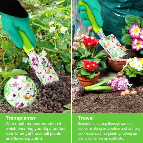 83 Piece Garden Tools Set With Dope Floral Pattern For Women featuring transplanter and trowel in use, vibrant floral design.