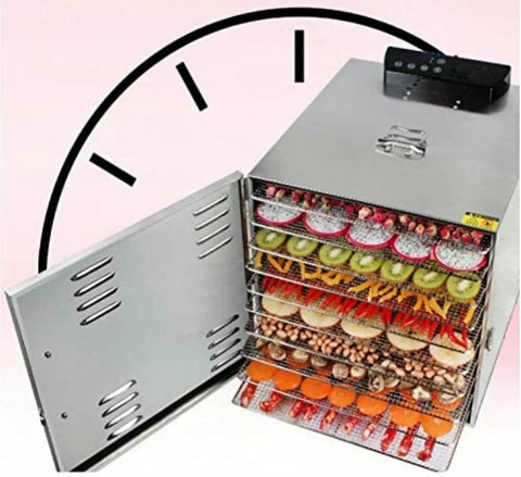 Pro-Level 10-Layer Commercial Food Dehydrator Stainless Steel Electric Drying System With Precision Thermostat showing open trays with fruits and veggies.