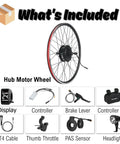 Components of 48V 500W Electric Hub Motor Kit for Bicycles with wheel, display, controller, brake lever, controller bag, and more
