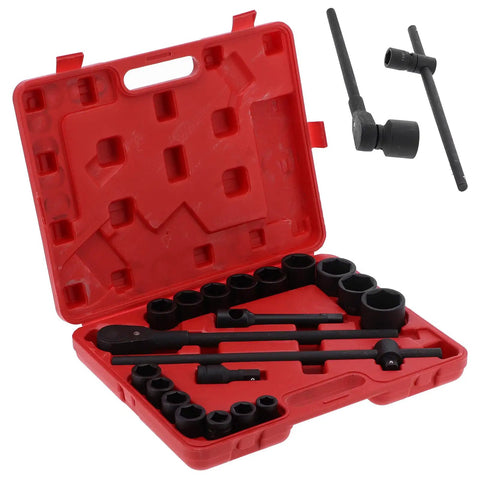 Get This Insane 21 Piece Deep Impact Socket Set With 3/4 And Two Inch Heads For Heavy Duty Vehicle Repair Jobs Making Mechanics Look Like Total Bosses Who Ace Every Tough Job Under The Hood Fast, red case with black steel sockets