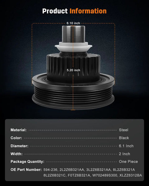 Dimensions of beefed up engine harmonic balancer crankshaft pulley replacement for Ford Ranger 2001 2011 and compatible models.