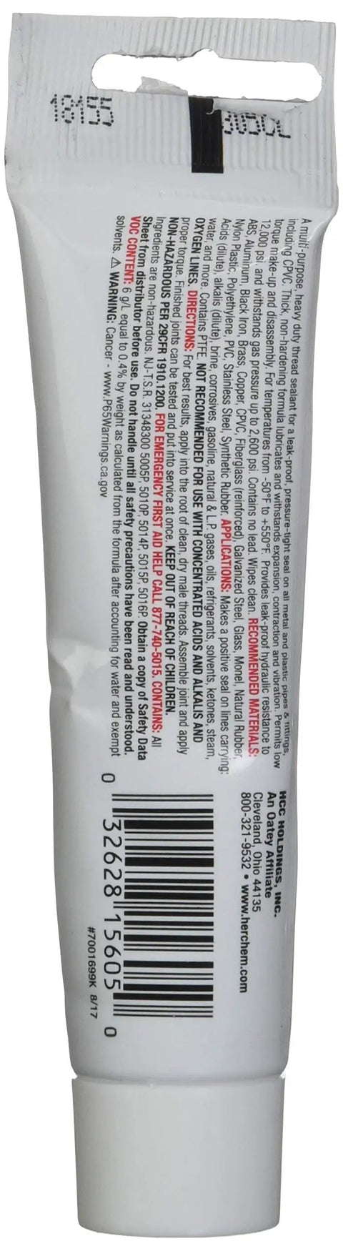 Back view of Pro Grade PTFE Paste Thread Sealant For Metal And Plastic Pipe Fittings Including CPVC Provides Leak Proof Hydraulic Seal Up To 12,000 Psi Handles Temperatures From -200 Fahrenheit To 550 Fahrenheit Gas Pressure Up To 2,600 Psi Non Toxic And Lead Free tube showing details and barcode.