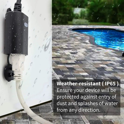 Z Wave 800 Series Outdoor Smart Plug with On Off Switch IP65 Weatherproof Rugged Repeater beside a pool in rain