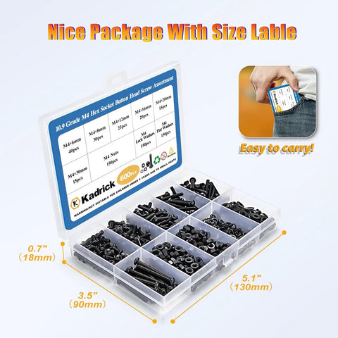 M4 Screw Kit With Nuts And Washers Kadrick 600Pcs Alloy Steel Grade 10.9 Hex Socket Button Head Bolts in size-labeled box