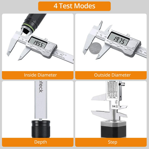 4 Inch Digital Caliper Stainless Steel With Inch Millimeter Conversion, showing inside, outside, depth, step measurements