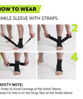 Instructions for wearing 360 Degree Ankle Brace With Adjustable Straps For Men And Women One Size Fits Most showing step-by-step application.