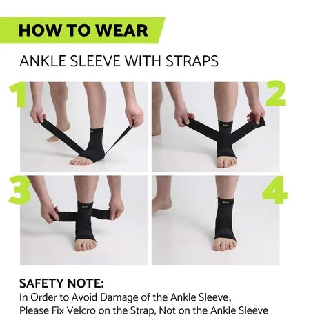 Instructions for wearing 360 Degree Ankle Brace With Adjustable Straps For Men And Women One Size Fits Most showing step-by-step application.