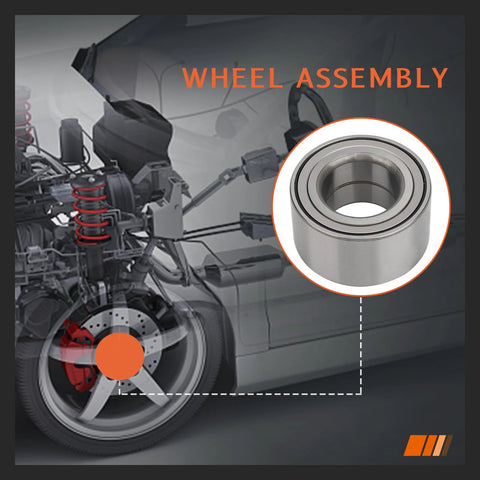 Beefed Up Front Wheel Hub Bearing For Ford Edge, Lexus ES And RX, Lincoln MKX, Mazda 6 CX 7 CX 9, Pontiac Vibe, Toyota Avalon Camry Highlander Matrix Sienna Solara Venza Replacement Wheel Hub Assembly displayed next to vehicle suspension diagram
