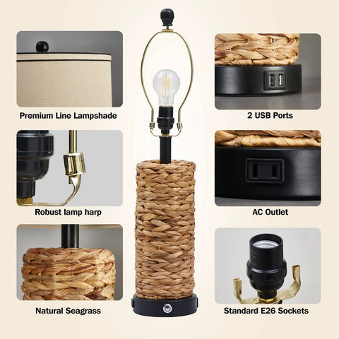 Set Of 2 Rattan Table Lamps With Dimmable Touch Controls, Wicker Seagrass Finish, Bulbs Included, Dual USB Ports And Built In AC Outlet, Perfect For Nightstand Or End Table In Bedroom Or Living Room, Coastal Vibe