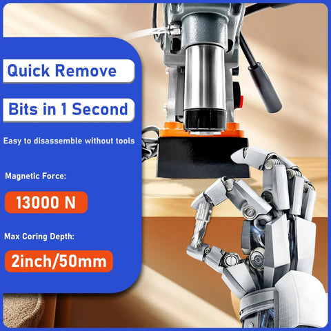 High Octane Magnetic Drill Press With Variable Speed 1400W Heavy Hitter For Rigid Metals Portable 2 Inch Bore Tool showing quick bit removal feature.