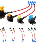 12V Fuse Tap Kit with Dual Slot Safety Design showing red wires and multi-color fuses for cars, trucks, boats, and RVs.