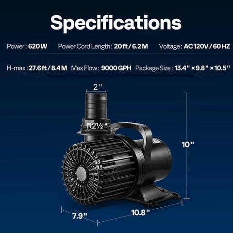 VIVOHOME submersible pond pump, 620W, black, 9000 GPH max flow
