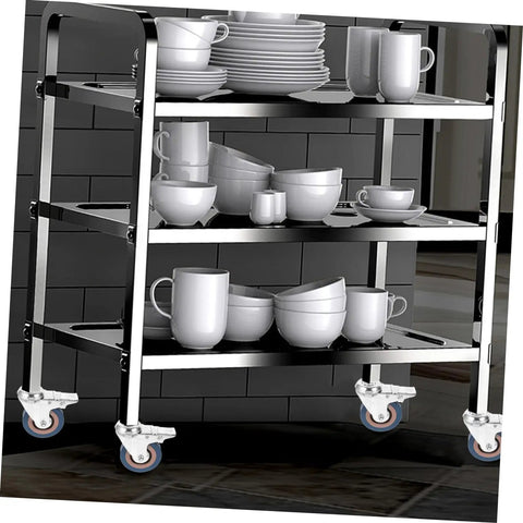 Premium M12x30 Stem PVC Swivel Caster Wheels With Brake 4 Pack on a metal cart with various dishes stacked.