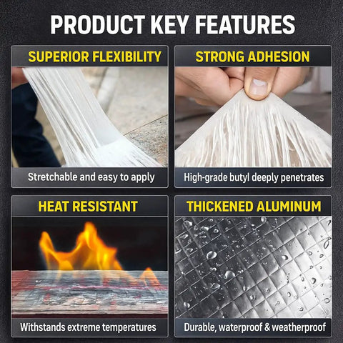 Product key features of Pro Grade Butyl Waterproof Tape 4 Inch By 16 Foot Aluminum Foil Sealant Tape showing flexibility and adhesion.