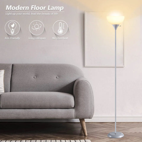 Industrial Modern Floor Lamp With Drop Resistant White Lampshade And E26 Socket beside gray sofa in living room