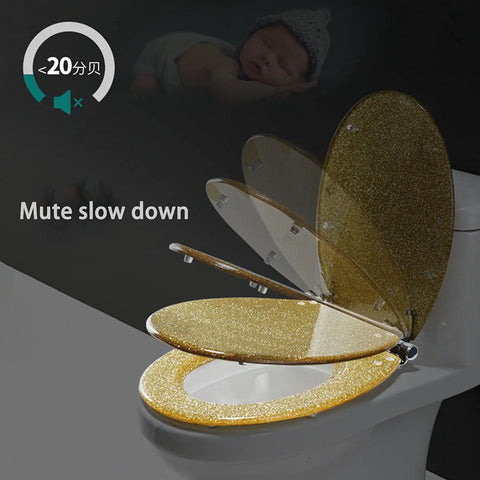 Pretty Dang Stylish Sparkle Finish Soft Close Toilet Seat For Elongated Bowls with golden sparkle surface and adjustable hinges.