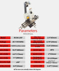 Badass Compact Desktop Milling Machine With Brushless Motor And Smooth Variable Speed, MT3 Spindle Taper Benchtop Drill Press for metal and wood jobs, features specifications chart.