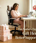 Woman using comfortable lumbar support pillow for office chair and car with mesh cover and double adjustable straps at a desk.