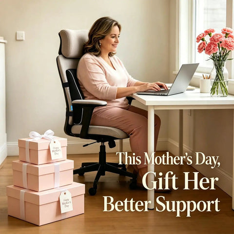 Woman using comfortable lumbar support pillow for office chair and car with mesh cover and double adjustable straps at a desk.