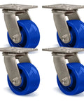 Heavy Duty Swivel Casters With Solid Polyurethane Wheels Stainless Steel Industrial Set Of Four, blue wheels, 4 inch size, for commercial use