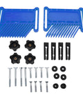 Adjustable Woodworking Featherboard Safety Holder for Table Saw Router Table and Bandmill Stackable Fence Guide with Miter Tslot Matches Any Track to Lock Material Down and Eliminate Kickback Hazards for Stress Free Cutting, set includes blue clamps and various screws.