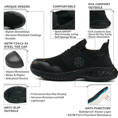 Indestructible Slip On Steel Toe Shoes For Men Built Tough For Work Non Slip Lightweight Safety Sneakers ASTM F2413-24 Black Size 7
