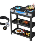 Two Burner Propane Gas Stove With Auto Ignition, Portable Stainless Steel Outdoor Kitchen Cooker with blue flames, food and accessories