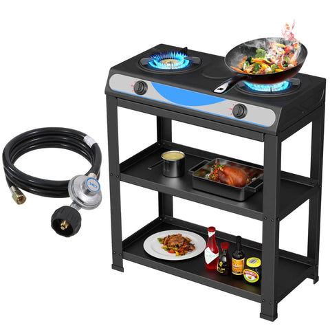 Two Burner Propane Gas Stove With Auto Ignition, Portable Stainless Steel Outdoor Kitchen Cooker with blue flames, food and accessories