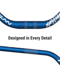 Blue mountain bike handlebar with detailed engravings, showcasing design focus of Upturn High Rise MTB Handlebar With 31.8mm Clamp And 785mm Width Lightweight Alloy Riser Bar For MTB And BMX 55mm Rise Durable All Terrain Performance For Technical Trails Black.