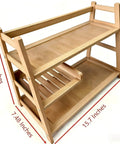 Three Tier Bamboo Matcha Station Organizer For Kitchen Countertop And Tea Bar All In One Shelf For Matcha Powder Whisk Spoons And Cups Coffee Bar Accessories Clutter Free Home Barista Setup, wood finish, three-tier view with dimensions.