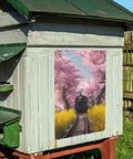 Vintage Steam Train Tin Plaque Sign 12X16 Inch With Cherry Blossom Tunnel And Yellow Wildflowers on wooden shed