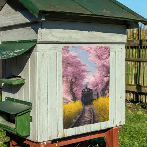 Vintage Steam Train Tin Plaque Sign 12X16 Inch With Cherry Blossom Tunnel And Yellow Wildflowers on wooden shed