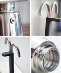 Close-up of Heavy Duty Stainless Steel Mocha Pot 2 Cup Dual Pipe Stovetop Espresso Maker components showcasing smooth pour design.