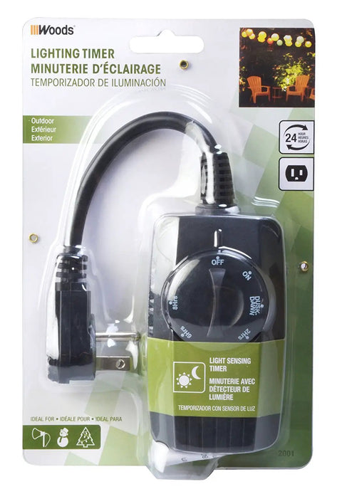 Outdoor 24 Hour Mechanical Light Sensor Timer With Photocell Weatherproof Plug In Dual Outlet Garden Lighting Controller For Exterior Lights Dusk Till Dawn Auto On Off Easy Plug In Black