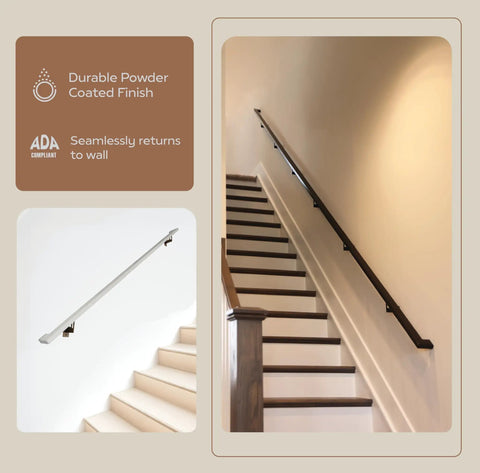 Top Shelf Modern Aluminum Handrail Grab Bar Kit With No Sweat Diy Install Adjustable Steel Brackets Powder Coated Black Finish Wall Mounted Ada Compliant Safety Rail Up To Nine Feet Long mounted on a staircase, featuring durable black finish.