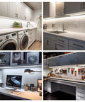 Wave On Wave Off Under Cabinet LED Lighting Kit with dimmable 20 inch strips installed in kitchen, office, and garage settings.