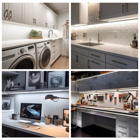 Wave On Wave Off Under Cabinet LED Lighting Kit with dimmable 20 inch strips installed in kitchen, office, and garage settings.