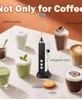 Rechargeable Milk Frother Handheld With 3 Detachable Stainless Whisks 3 Speed Adjustable Drink Mixer surrounded by beverages.