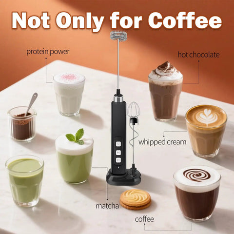 Rechargeable Milk Frother Handheld With 3 Detachable Stainless Whisks 3 Speed Adjustable Drink Mixer surrounded by beverages.