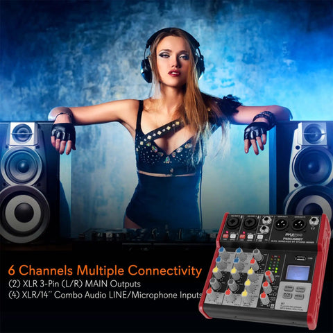 DJ with headphones using 4 Channel Wireless DJ Mixer With Bluetooth 5.x USB Audio Interface And 2 Combo Jacks XLR 6.35mm